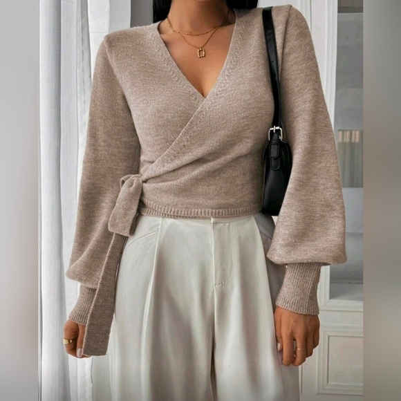 New Chic Wrap Knit Sweater Top Bishop Long Sleeve Khaki Tan - Picture 6 of 8